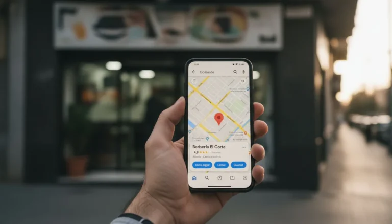 Perfil de Empresa en Google: una mano sostiene un celular frente a una barbería y la pantalla muestra Google Maps con el pin rojo y la ficha de Barbería El Corte con calificación 4,8 y los botones Cómo llegar, Llamar y Guardar