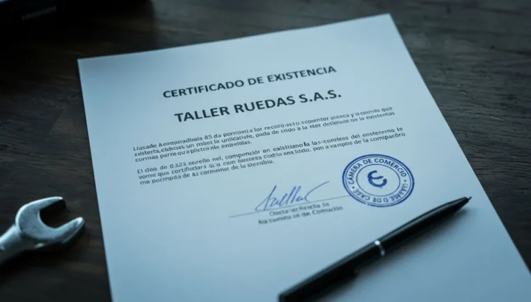 Qué es una SAS: certificado de existencia de la Cámara de Comercio de la empresa Taller Ruedas S.A.S. sobre un escritorio, con sello azul, firma y un esfero