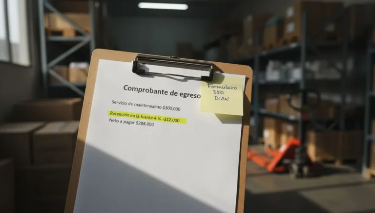 Retención en la fuente: un comprobante de egreso en una tabla con clip, en la bodega de una distribuidora, con la línea Retención en la fuente 4 % menos $12.000 resaltada en amarillo y una nota adhesiva del formulario 350 de la DIAN
