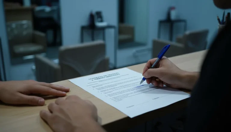 Tipos de contrato de trabajo: en el mostrador de un salón de belleza una mano firma con esfero azul un contrato de trabajo a término indefinido impreso, junto a la mano del empleador