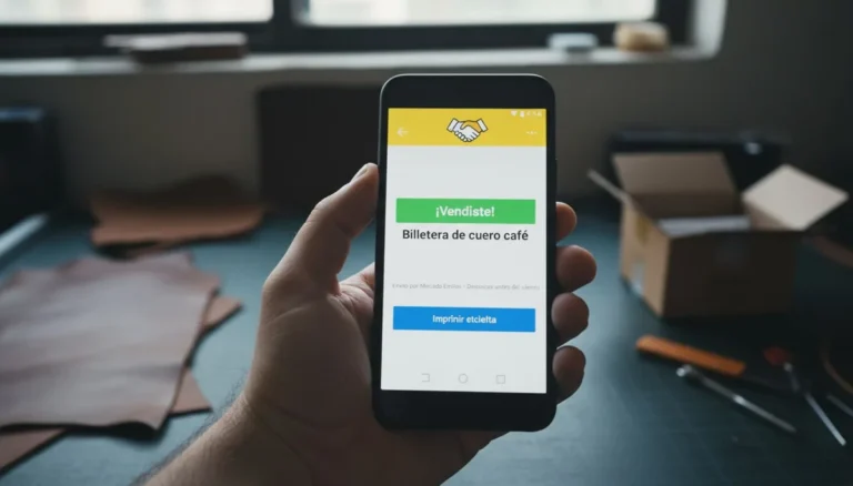 Vender en Mercado Libre: una mano sostiene un celular en un taller de marroquinería y la app de vendedor de Mercado Libre, con su cabezote amarillo y el logo del apretón de manos, muestra el aviso Vendiste de una billetera de cuero café y el botón Imprimir etiqueta